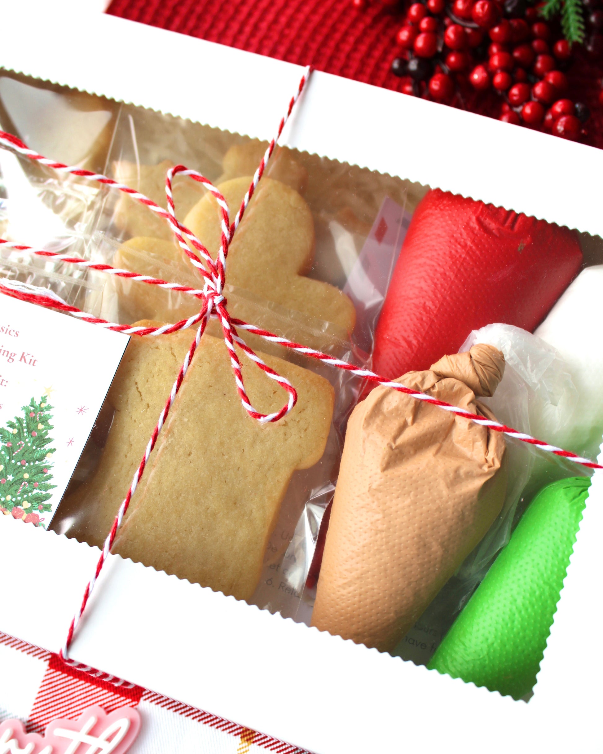 Close-up angled shot of a DIY Christmas cookie decorating kit box tied with red and white twine, showing the cookies and icing bags inside, styled on red and green plaid fabric.
