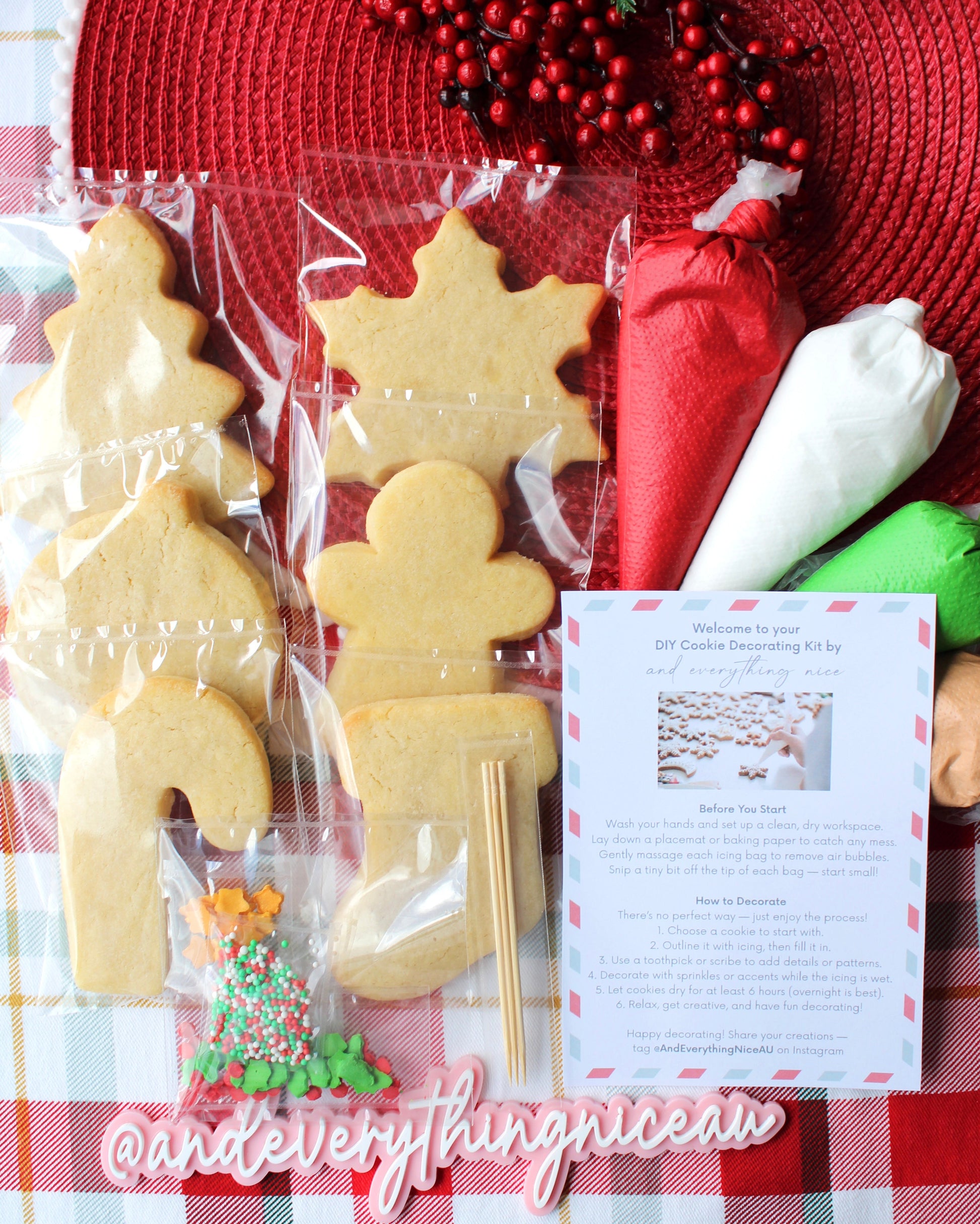 Flat lay of a Christmas cookie decorating kit, featuring six individually wrapped plain cookies, three royal icing bags in red, green, and white, a packet of festive sprinkles, decorating picks, and an instruction card, all arranged on red and green plaid fabric.
