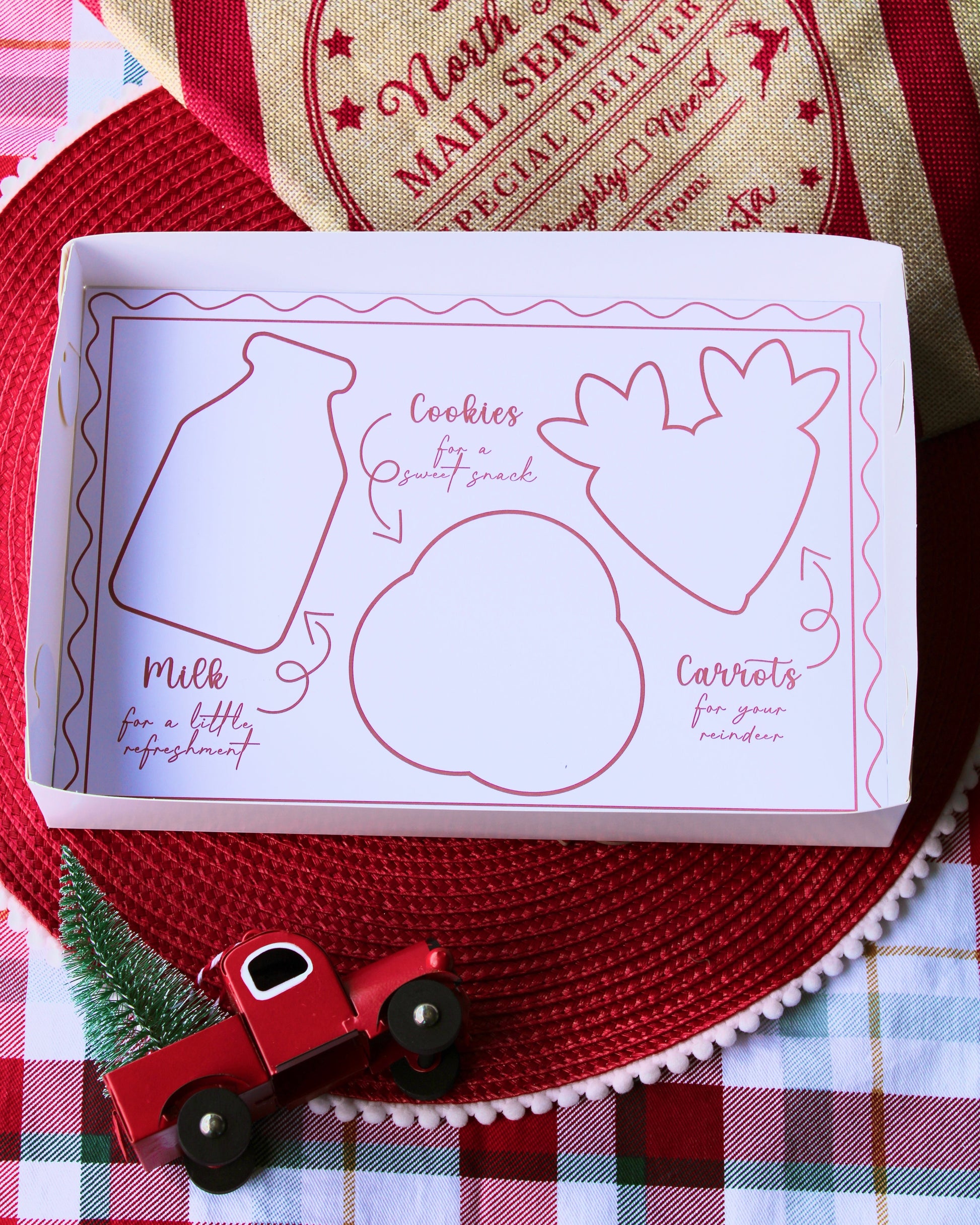 Opened empty Santa’s Treat Box showing printed placeholders for three cookies: a bottle of milk, a stack of cookies, and a bunch of carrots. The box rests on a red placemat over red and green tartan fabric, with a vintage mail-themed stocking in the top right corner and a red truck carrying a Christmas tree in the bottom left corner.