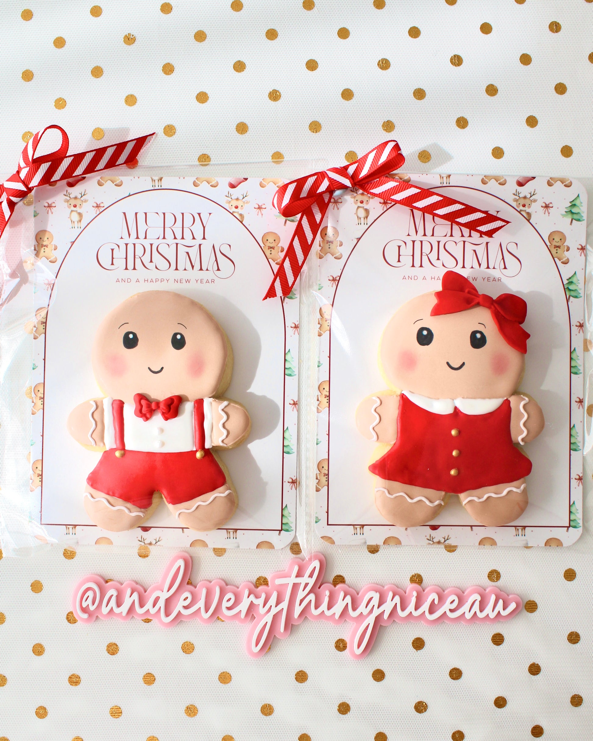 Two chubby gingerbread cookies shaped like a boy and a girl, each individually wrapped in clear bags with a festive backing card and tied with a red and white ribbon. They are styled on sheer white fabric decorated with gold metallic dots, with a physical pink watermark at the bottom that reads @andeverythingniceau.