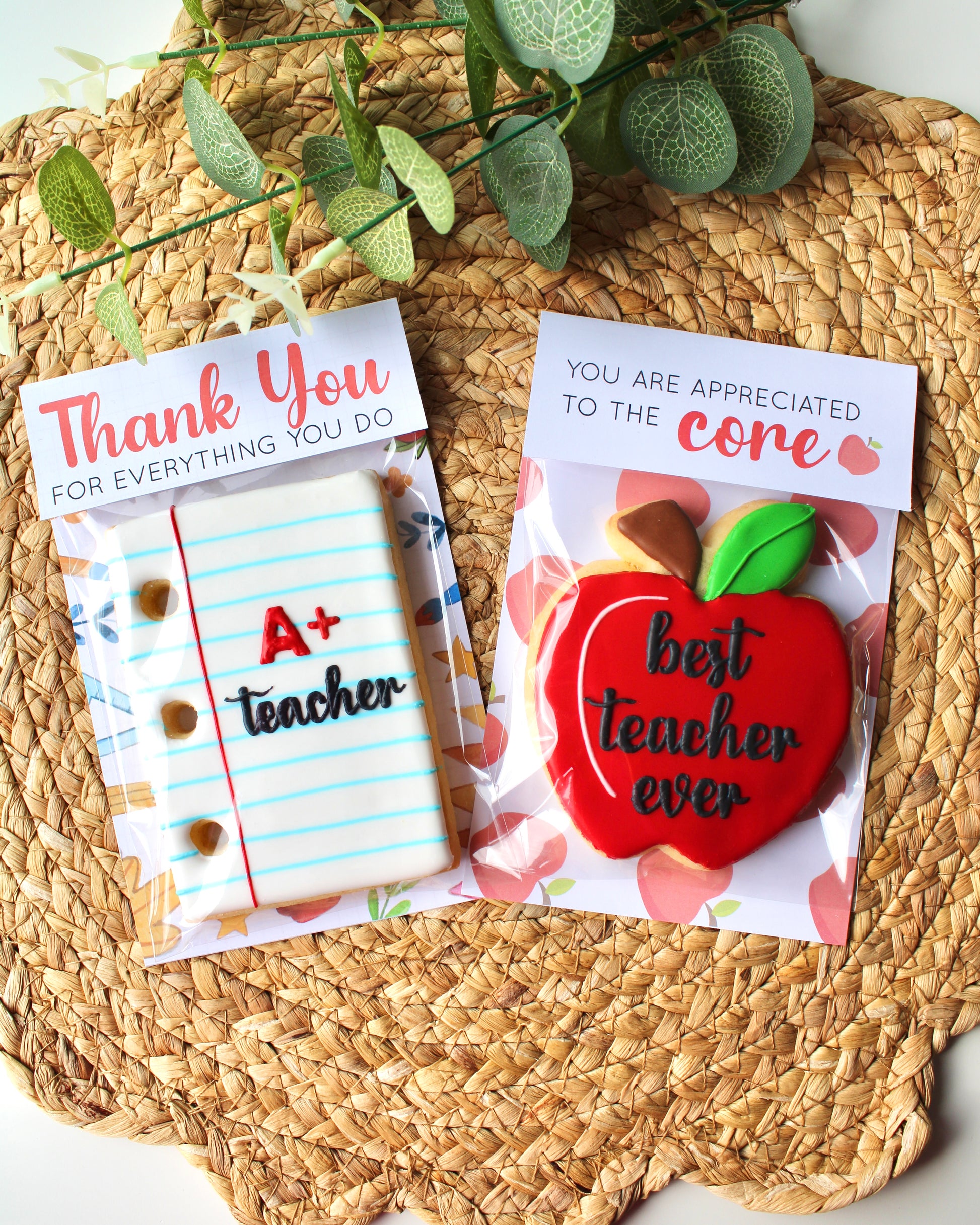 Two individually packaged teacher appreciation cookies in themed gift bags, styled on a natural hyacinth placemat with eucalyptus sprigs. One cookie is shaped like a white notepad with blue lines, featuring “A+” in red and “teacher” in black script icing. The other is a red apple with a green leaf and the words “best teacher ever” in black script icing. The notepad cookie’s topper reads “Thank you for everything you do,” and the apple cookie’s topper reads “You are appreciated to the core.