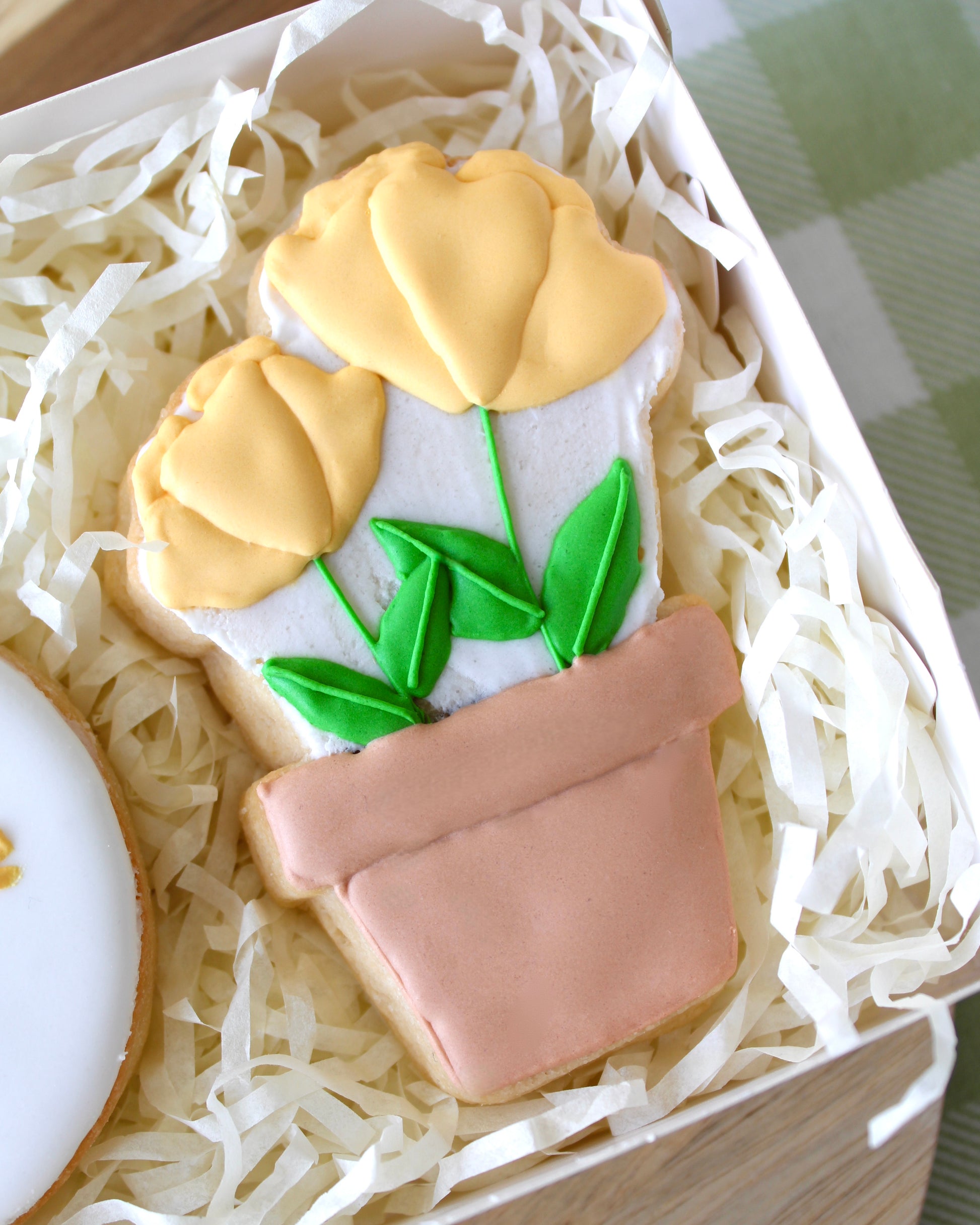 Close-up of a terracotta pot cookie decorated with yellow flowers and green leaves.