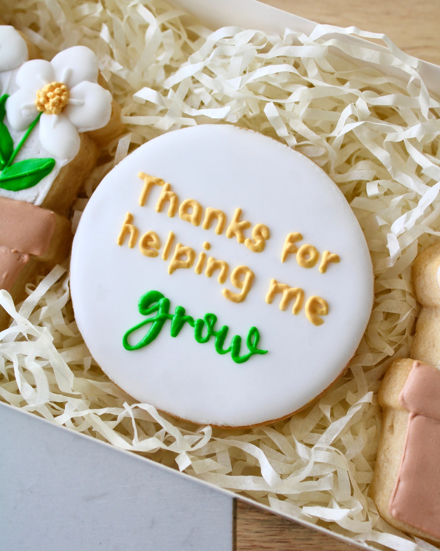 Close-up of a round white cookie piped with ‘thank you for helping me grow’ in yellow and green royal icing.